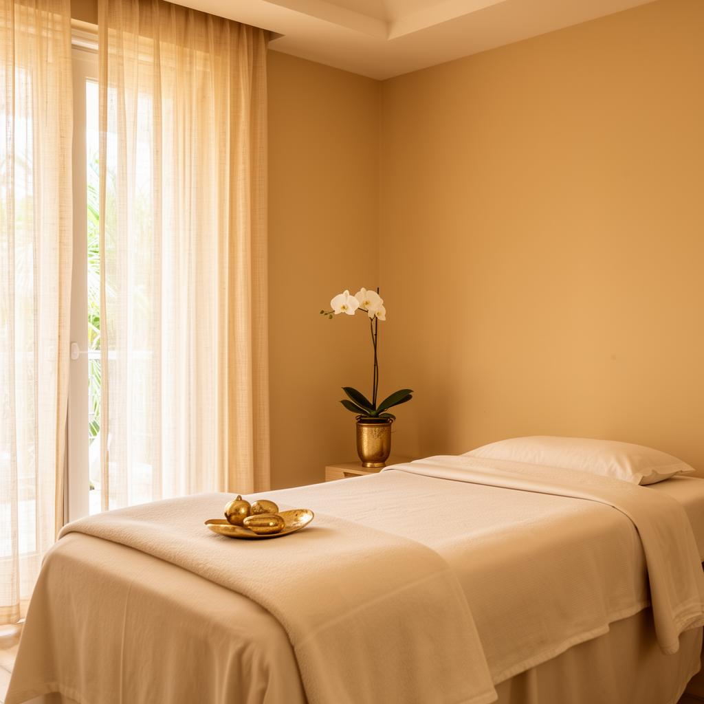 Serene spa treatment room with cream linens and an orchid